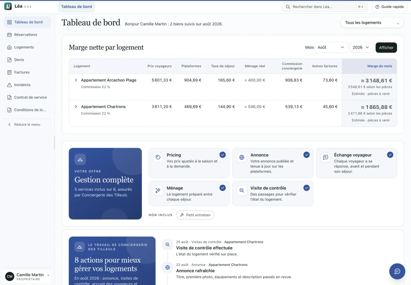 Tableau de bord propriétaire de LEA.immo